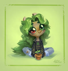 Size: 2781x2920 | Tagged: safe, artist:holivi, imported from derpibooru, oc, oc only, anthro, anthro oc, clothes, cute, freckles, green background, heterochromia, jeans, looking at you, pants, plant, potted plant, shirt, simple background, sitting, smiling, solo