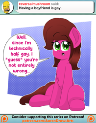 Size: 2000x2550 | Tagged: safe, artist:aarondrawsarts, imported from derpibooru, oc, oc:rose bloom, earth pony, ask brain teaser, bisexual, chest fluff, crossover, female, homer simpson, looking at you, mare, reversalmushroom, sitting, tumblr