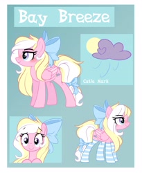 Size: 3349x4094 | Tagged: safe, artist:emberslament, edit, imported from derpibooru, oc, oc only, oc:bay breeze, pegasus, pony, blushing, bow, clothes, cute, female, hair bow, heart eyes, mare, reference sheet, simple background, socks, striped socks, tail bow, text, wingding eyes