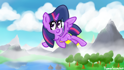 Size: 3840x2160 | Tagged: safe, artist:llamalauncher, imported from derpibooru, twilight sparkle, alicorn, pony, cloud, female, flying, lake, mountain, scenery, solo, tree, twilight sparkle (alicorn)