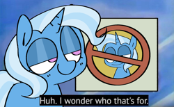 Size: 640x393 | Tagged: safe, artist:pinkiespresent, imported from derpibooru, trixie, pony, unicorn, female, garfield, grin, huh i wonder who that's for, lidded eyes, meme, ponified meme, poster, reference, smiling, solo, talking, text, window