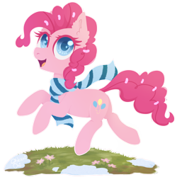 Size: 2000x2000 | Tagged: safe, artist:0okami-0ni, imported from derpibooru, pinkie pie, earth pony, pony, clothes, colored pupils, cute, diapinkes, ear fluff, female, flower, high res, mare, open mouth, scarf, simple background, snow, solo, transparent background