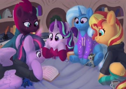 Size: 4096x2896 | Tagged: safe, artist:pucksterv, imported from derpibooru, princess luna, smarty pants, starlight glimmer, sunset shimmer, tempest shadow, trixie, twilight sparkle, alicorn, pony, unicorn, blushing, book, broken horn, clothes, counterparts, cup, cute, eye scar, female, food, golden oaks library, high res, hoodie, horn, ink, inkwell, magical quintet, mare, pajamas, plushie, prone, quill, reading, scar, sitting, sleepover, smiling, socks, striped socks, tea, teabag, teacup, twilight sparkle (alicorn), twilight's counterparts, underhoof