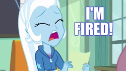 Size: 1280x720 | Tagged: safe, edit, edited screencap, imported from derpibooru, screencap, trixie, a little birdie told me, equestria girls, equestria girls series, back to the future part 2, caption, image macro, meme, text, trixie yells at everything