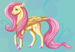 Size: 3544x2491 | Tagged: safe, artist:bluet0ast, imported from derpibooru, fluttershy, pegasus, pony, blue background, colored hooves, cutie mark background, female, folded wings, freckles, looking at you, mare, profile, shoulder feathers, simple background, smiling, solo, standing, wings