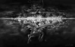 Size: 1280x812 | Tagged: safe, artist:systemf4ilure, imported from derpibooru, princess luna, pony, digital art, ethereal mane, eyes closed, female, floating, galaxy mane, monochrome, reflection, signature, solo, spread wings, stars, surreal, underwater, wings