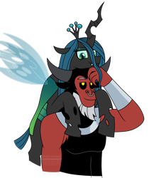 Size: 1733x2061 | Tagged: safe, artist:skylarkeeper, imported from derpibooru, lord tirek, queen chrysalis, centaur, changeling, changeling queen, season 9, spoiler:s09, bracer, chrysirek, crown, cute, cutealis, female, jewelry, looking at each other, male, mare, nose piercing, nose ring, piercing, regalia, septum piercing, shipping, signature, simple background, smiling, snuggling, straight, tirebetes, transparent background