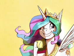 Size: 1400x1050 | Tagged: safe, artist:ilacavgbmjc, imported from derpibooru, princess celestia, alicorn, pony, crown, cute, cutelestia, female, hoof shoes, jewelry, mare, one eye closed, regalia, simple background, smiling, solo, wink, yellow background