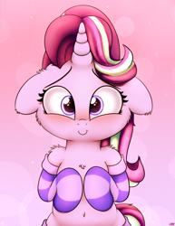 Size: 2050x2650 | Tagged: safe, artist:heavymetalbronyyeah, imported from derpibooru, starlight glimmer, pony, unicorn, blushing, cheek fluff, chest fluff, clothes, cute, ear fluff, female, floppy ears, glimmerbetes, high res, hooves to the chest, looking at you, mare, pink background, shoulder fluff, simple background, socks, solo, striped socks