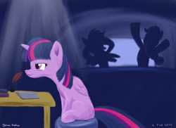 Size: 1400x1018 | Tagged: safe, artist:rockhoppr3, imported from derpibooru, applejack, rainbow dash, twilight sparkle, alicorn, earth pony, pegasus, pony, annoyed, book, desk, inkwell, quill, quill pen, silhouette, sitting, television, twilight sparkle (alicorn)