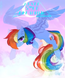 Size: 1200x1450 | Tagged: safe, artist:hakkerman, imported from derpibooru, rainbow dash, pegasus, pony, cloud, cover art, crescent moon, female, flying, looking at you, mare, moon, sky, solo, spread wings, wings