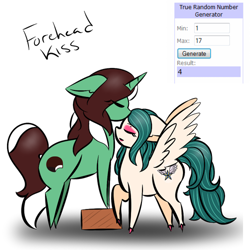 Size: 500x500 | Tagged: safe, artist:kaggy009, imported from derpibooru, oc, oc only, oc:peppermint pattie (unicorn), pegasus, pony, unicorn, ask peppermint pattie, female, kissing, mare