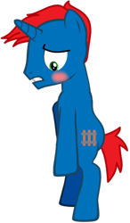Size: 1280x2185 | Tagged: safe, artist:jawsandgumballfan24, artist:ry-bluepony1, imported from derpibooru, oc, oc only, oc:train track, pony, unicorn, pony creator, 1000 hours in pony creator, bipedal, blushing, covering, covering crotch, embarrassed, horn, male, naked rarity, simple background, solo, stallion, transparent background, unicorn oc, wat, we don't normally wear clothes