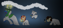 Size: 1390x622 | Tagged: safe, artist:ravenpuff, imported from derpibooru, oc, oc only, oc:dragonfly, oc:flower basket, oc:rowena, oc:tiny terror, goat, pegasus, pony, unicorn, candle, clothes, eyes closed, fangs, female, filly, horn, mare, pegasus oc, pronking, saint lucy's day, singing, smiling, socks (coat marking), socks (coat markings), unicorn oc, walking, wings