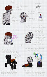 Size: 935x1510 | Tagged: safe, artist:ravenpuff, imported from derpibooru, oc, oc only, oc:fine facet, oc:haas, oc:solitaire, zebra, bag, bat wings, clothes, costume, disguise, disguised changeling, drugs, ear piercing, female, glowing eyes, glowing horn, graph paper, grin, hat, high, horn, male, mare, mask, mind control, piercing, reference sheet, saddle bag, smiling, stallion, suit, text, traditional art, wings, zebra oc