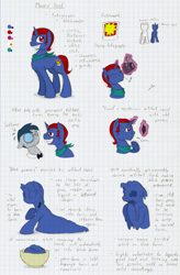 Size: 903x1373 | Tagged: safe, artist:ravenpuff, imported from derpibooru, oc, oc only, oc:money shot, oc:solitaire, goo, goo pony, original species, pony, unicorn, blushing, bowl, bowtie, bust, camera, glasses, glowing horn, graph paper, grin, horn, magic, male, neckerchief, reference sheet, smiling, stallion, telekinesis, text, traditional art, unicorn oc