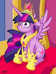 Size: 720x937 | Tagged: safe, artist:texasuberalles, imported from derpibooru, twilight sparkle, alicorn, pony, big crown thingy, crown, element of magic, female, floppy ears, jewelry, loose fitting clothes, mare, princess, regalia, solo, throne, twilight is not amused, twilight sparkle (alicorn), twilight sparkle is not amused, unamused