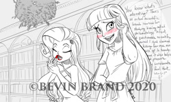 Size: 1280x768 | Tagged: safe, artist:bevin brand, imported from derpibooru, rarity, twilight sparkle, fanfic:crimson lips, equestria girls, adorkable, blushing, book, bookshelf, clothes, commission, cute, dialogue, dork, dress, fanfic art, female, imminent kissing, lesbian, lipstick, mistletoe, monochrome, neo noir, nervous, official fan art, partial color, rambling, rarilight, red lipstick, shipping, sleeveless, text