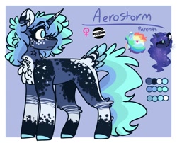 Size: 1572x1272 | Tagged: safe, artist:journeewaters, artist:luqella, imported from derpibooru, princess luna, rainbow dash, oc, oc only, oc:aerostorm, pony, unicorn, female, magical lesbian spawn, mare, offspring, parent:princess luna, parent:rainbow dash, parents:lunadash, reference sheet, solo