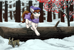 Size: 2500x1700 | Tagged: safe, artist:marinavermilion, imported from derpibooru, oc, oc only, bird, earth pony, pony, rabbit, animal, clothes, forest, scarf, snow, solo, tree, winter