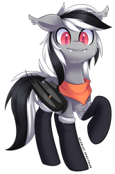 Size: 1866x2806 | Tagged: safe, alternate version, artist:scarlet-spectrum, imported from derpibooru, oc, oc only, oc:stormdancer, bat pony, pony, bandana, bat pony oc, bat wings, chest fluff, clothes, colored pupils, cute, fangs, floppy ears, looking at you, male, patreon, patreon reward, raised hoof, simple background, smiling, socks, solo, transparent background, two toned mane, wing ring, wings