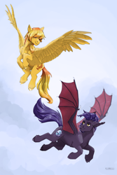 Size: 1534x2300 | Tagged: safe, artist:marinavermilion, imported from derpibooru, oc, oc only, oc:dawn sentry, oc:firetale, bat pony, pegasus, pony, bat pony oc, duo