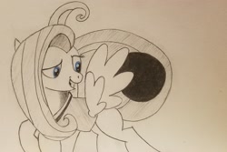 Size: 2048x1364 | Tagged: safe, artist:polar_storm, imported from derpibooru, fluttershy, pegasus, pony, buckball season, blue eyes, buckball, clothes, female, flying, mare, monochrome, neo noir, partial color, shirt, simple background, sketch, solo, traditional art, white background