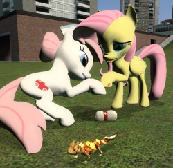 Size: 563x548 | Tagged: safe, artist:didgereethebrony, imported from derpibooru, fluttershy, nurse redheart, earth pony, lizard, pegasus, pony, 3d, bandage, blood, crying, doctor, gmod, injured, nurse, teary eyes, thorny devil