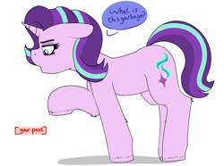 Size: 2265x1687 | Tagged: safe, artist:anonymous, imported from derpibooru, starlight glimmer, pony, unicorn, /mlp/, 4chan, dialogue, drawthread, female, floppy ears, looking down, mare, open mouth, pointing, question, reaction image, solo, text