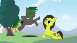 Size: 1024x576 | Tagged: safe, imported from derpibooru, oc, oc only, oc:darknightprincess, earth pony, pegasus, eyes closed, female, flying, friends, gray coat, green mane, mare, tree, yellow coat