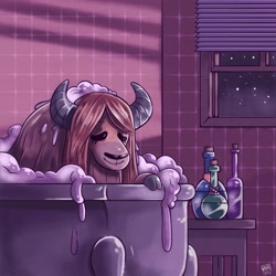 Size: 1200x1200 | Tagged: safe, artist:raph13th, imported from derpibooru, yona, yak, bath, bathroom, bathtub, bottle, bubble, bubble bath, claw foot bathtub, cloven hooves, eyes closed, female, night, relaxing, shampoo, soap, solo, window