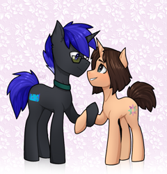 Size: 711x741 | Tagged: safe, artist:magicstarfriends, imported from derpibooru, oc, oc only, oc:pixel shield, oc:polly nia, holding hooves, looking at each other, smiling