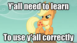 Size: 500x281 | Tagged: safe, edit, edited screencap, imported from derpibooru, screencap, applejack, earth pony, pony, a dog and pony show, applejack's hat, caption, cowboy hat, female, hat, image macro, mare, meme, solo, text, y'all