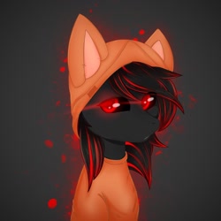 Size: 1280x1280 | Tagged: safe, artist:bellfa, imported from derpibooru, oc, oc only, oc:sunightfox, earth pony, fox, pony, black background, black oc, black pony, black sclera, clothes, colored pupils, costume, cute, eye contact, glowing eyes, gray background, looking at you, male, only male, original art, red and black oc, red eyes, simple background, solo