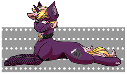 Size: 3144x1843 | Tagged: safe, artist:lrusu, imported from derpibooru, oc, oc only, pony, unicorn, choker, fishnets, male, prone, solo, spiked choker, stallion