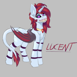 Size: 1200x1200 | Tagged: safe, imported from derpibooru, oc, oc only, oc:lucent, alicorn, demon, pony, succubus, succubus pony, unicorn, amulet, bat wings, black sclera, body markings, chest fluff, ear fluff, eyeshadow, female, gray background, grin, jewelry, leg markings, lidded eyes, looking at you, makeup, mare, necklace, purple eyes, sharp teeth, simple background, smiling, smirk, solo, tail, teeth, wings