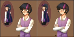 Size: 1024x512 | Tagged: safe, artist:riukime, imported from derpibooru, twilight sparkle, human, 2017, angry, brown background, cross-popping veins, crossed arms, duo, dusk shine, dusktwi, female, humanized, male, prank, rule 63, self paradox, selfcest, shipping, simple background, straight