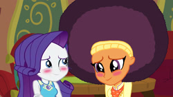 Size: 3000x1687 | Tagged: safe, artist:ktd1993, imported from derpibooru, rarity, saffron masala, equestria girls, afro, blushing, female, lesbian, raffron, shipping