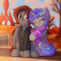 Size: 3000x3000 | Tagged: safe, artist:shadowreindeer, imported from derpibooru, oc, pegasus, pony, unicorn, autumn, blushing, clothes, cloud, commission, fallout, happy, jacket, red eyes, spaceship, sweater, wing hold