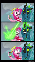 Size: 1288x2282 | Tagged: safe, edit, edited screencap, editor:teren rogriss, imported from derpibooru, screencap, holly the hearths warmer doll, pinkie pie, queen chrysalis, changeling, changeling queen, earth pony, pony, best gift ever, the ending of the end, chrysalis blasts things, fake moustache, female, green eyes, tricked, trickery, ultimate chrysalis