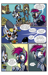 Size: 620x958 | Tagged: safe, artist:lytlethelemur, imported from derpibooru, oc, oc:moeagami, oc:zjin, zebra, comic:the ponies must be crazy, book, clothes, comic, dialogue, female, headdress, mare, scroll, skull, speech bubble, text, zebra oc