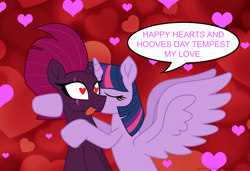 Size: 3015x2060 | Tagged: safe, artist:ejlightning007arts, imported from derpibooru, tempest shadow, twilight sparkle, alicorn, unicorn, broken horn, cheek kiss, eye scar, eyes closed, female, heart, heart eyes, hearts and hooves day, holiday, horn, kiss on the cheek, kissing, lesbian, romantic, scar, shipping, speech bubble, tempestlight, tongue out, twilight sparkle (alicorn), valentine, valentine's day, wingding eyes