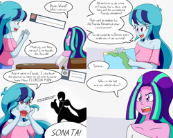 Size: 2000x1600 | Tagged: safe, artist:jake heritagu, imported from derpibooru, aria blaze, sonata dusk, comic:aria's archives, equestria girls, cape, clothes, comic, dialogue, female, florida, florida man, silhouette, speech bubble, table