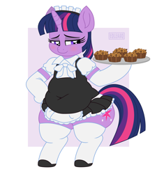 Size: 4500x5000 | Tagged: safe, artist:eqlearq, artist:whistrid, imported from derpibooru, twilight sparkle, pony, unicorn, absurd resolution, apple brown betty (food), belly, bipedal, blushing, chubby, chubby twilight, clothes, cute, fat, female, food, lidded eyes, maid, maidlight sparkle, mare, movie accurate, plate, solo, twiabetes, twilard sparkle, unicorn twilight, wide hips