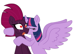 Size: 11438x8417 | Tagged: safe, artist:ejlightning007arts, imported from derpibooru, tempest shadow, twilight sparkle, alicorn, unicorn, broken horn, cheek kiss, eye scar, eyes closed, female, heart, heart eyes, horn, kiss on the cheek, kissing, lesbian, scar, shipping, simple background, tempestlight, tongue out, transparent background, twilight sparkle (alicorn), vector, wingding eyes