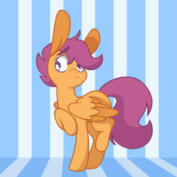 Size: 2160x2160 | Tagged: safe, artist:connorbal, artist:glowfangs, imported from derpibooru, scootaloo, pegasus, pony, female, filly, long ears, raised hoof, solo, striped background