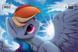 Size: 3701x2483 | Tagged: safe, artist:hitbass, imported from derpibooru, rainbow dash, pegasus, pony, camera shot, cloud, cute, dashabetes, digital art, female, looking at camera, looking at you, mare, recording, smiling, solo, spread wings, sun, wing fluff, wings