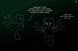 Size: 910x600 | Tagged: safe, artist:quint-t-w, imported from derpibooru, oc, oc only, oc:snowdrop, pegasus, pony, blind, blind joke, dialogue, gradient background, minimalist, modern art, old art, older snowdrop, reaching