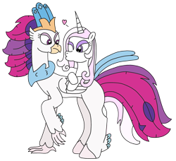 Size: 2114x1931 | Tagged: safe, artist:supahdonarudo, imported from derpibooru, fleur-de-lis, queen novo, classical hippogriff, hippogriff, unicorn, series:fleurbuary, my little pony: the movie, heart, kissy face, looking back, one eye closed, simple background, surprised, transparent background, wink