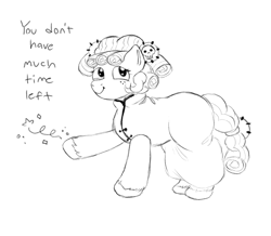 Size: 1089x951 | Tagged: safe, artist:anonymous, artist:happyartfag, imported from derpibooru, cozy glow, pony, unicorn, /mlp/, 4chan, chinese dress, confetti, cozybetes, cute, drawthread, female, looking at you, monochrome, solo, text, threat